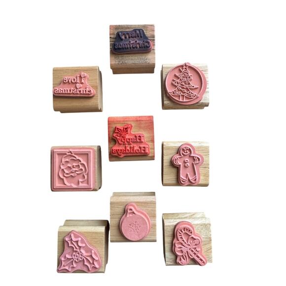 Set of 9 Wood Rubber Stamps Christmas Holiday Arts Crafts Santa Ginger Bread - Picture 2 of 2